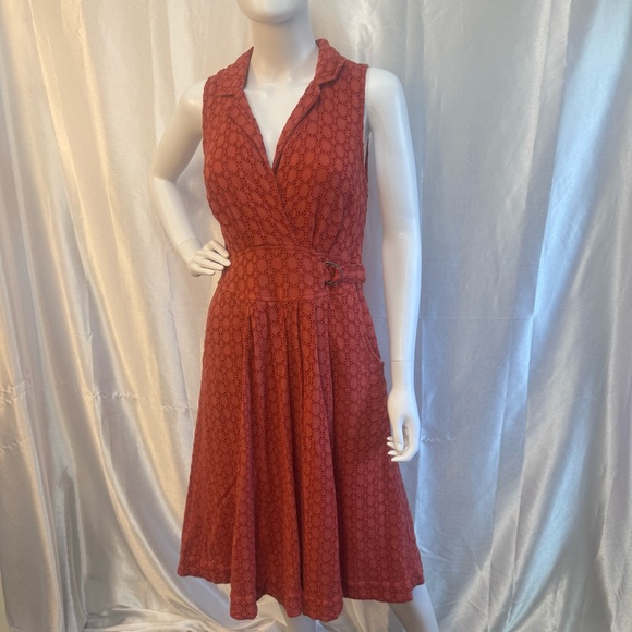 Anthropologie Elm Burnt Rust Orange Lacy Eyelet Sleeveless Collared Midi Dress - Picture 1 of 14